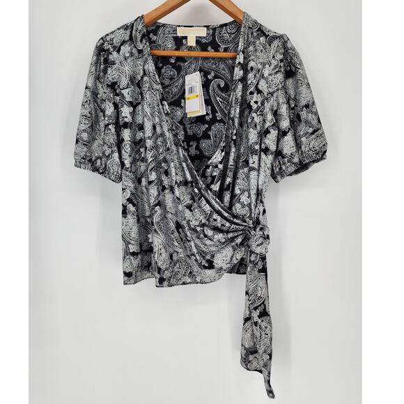 Michael Michael Kors Black & Silver Faux Wrap Blouse Women's Size Medium - Picture 2 of 7
